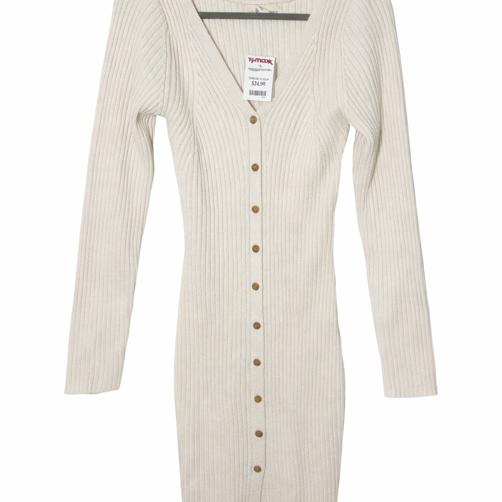 Cream Button-Up Ribbed Dress